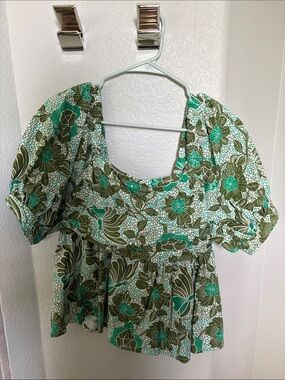 Anthropologie Nikasha Cotton Floral Puff Sleeve Peplum Top - Green
